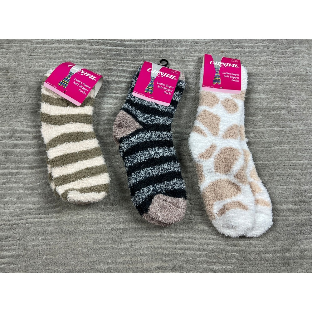 Carnival Slipper Socks Womens OS Multi Super Soft 3-Pack Animal Striped Print